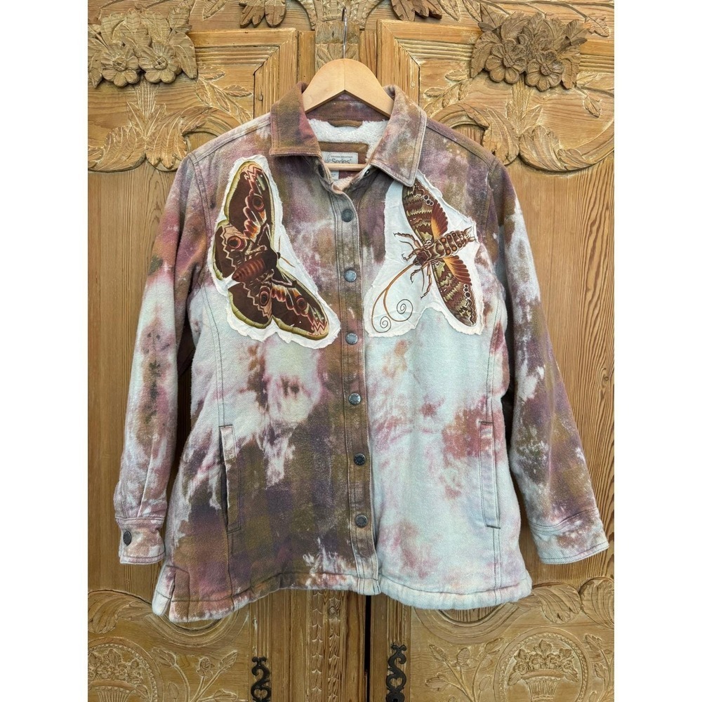 Upcycled Lined Flannel Jacket – Bird +Moth Patch Vintage Lace– Folk Art – Large